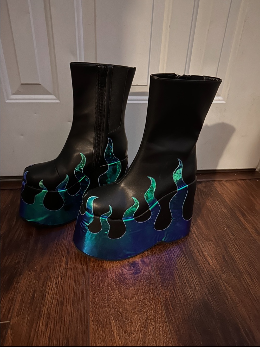 Dollskill x ClubExx Black Platform Ankle Boots w/ Iridescent Flames Cerulean